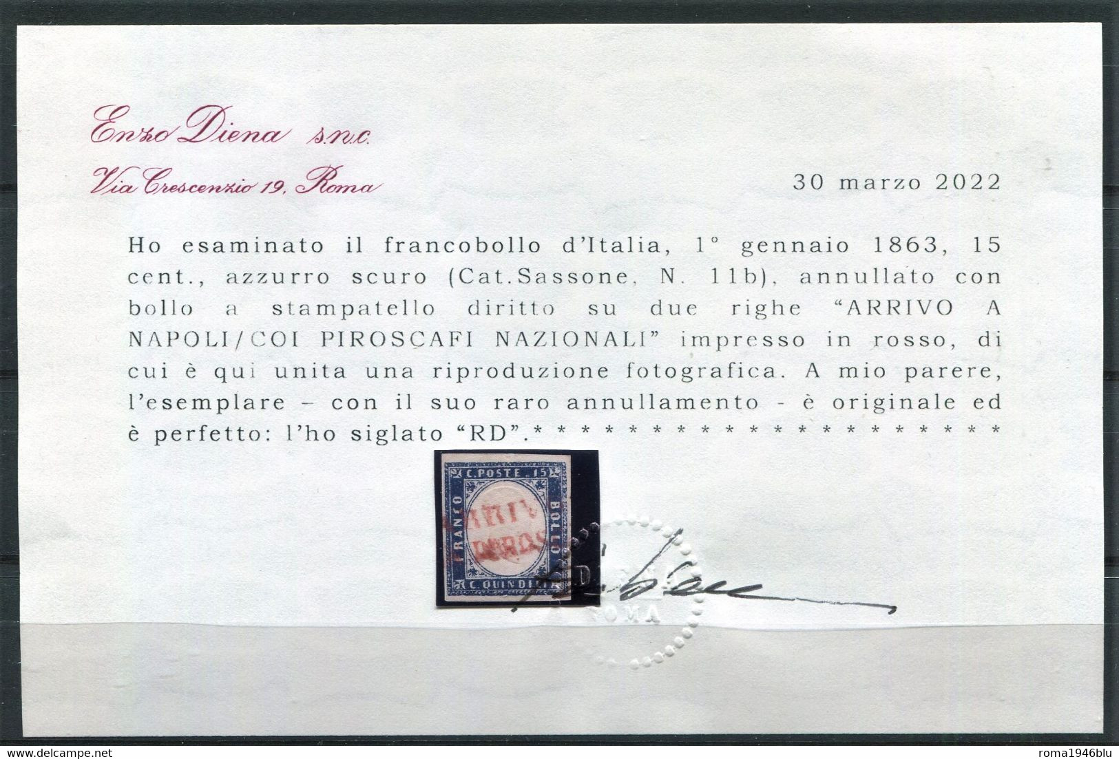 REGNO 1863 15 C.RARO ANNULLO DI NAVIGAZIONE NAPOLI PIROSCAFI NAZIONALI C. DIENA - Usados