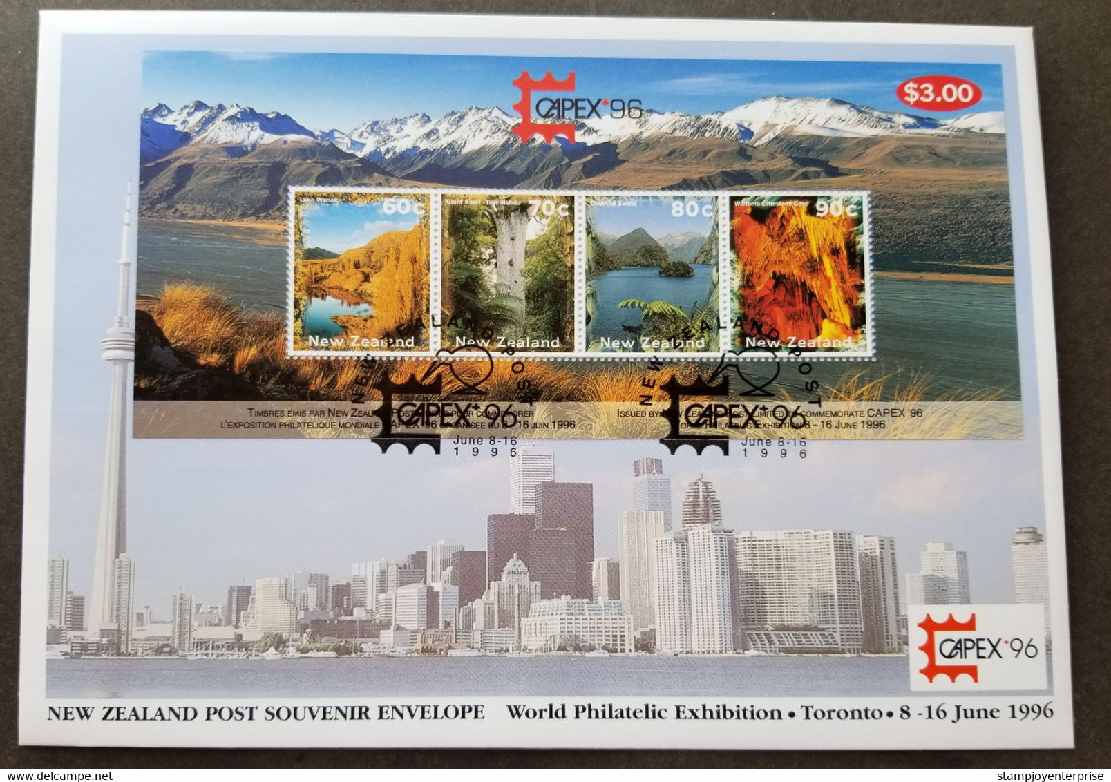 New Zealand Toronto CAPEX 1996 Caves Tree Lake Island Mountain Nature (FDC) - Covers & Documents