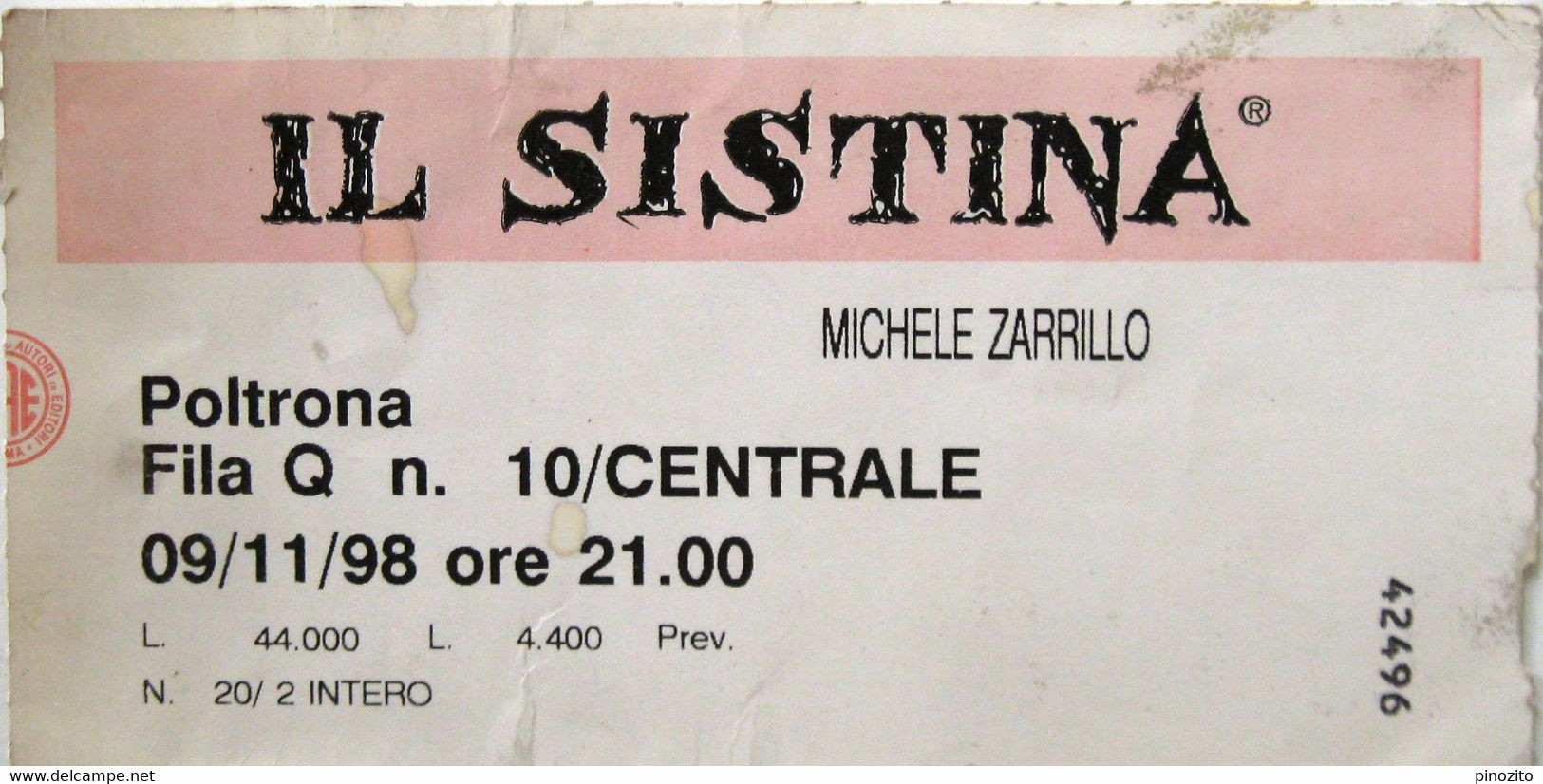 MICHELE ZARRILLO Il Sistina Roma Biglietto Concerto Ticket 1998 - Tickets De Concerts