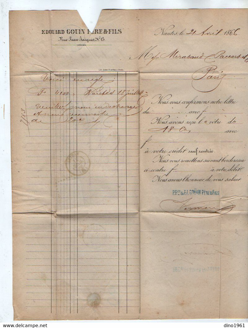 VP19.406 - 1866 - Lettre / Bordereau - Banque Edouard GOUIN Père & Fils à NANTES Pour PARIS - Bank En Verzekering