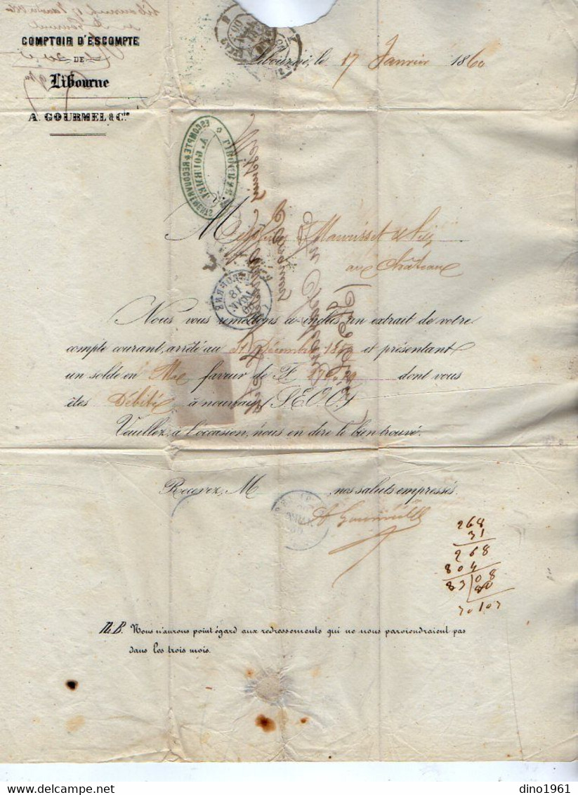 VP19.407 - 1860 - Lettre / Bordereau - Banque / Comptoir D'Escompte / A. GOURMEL & Cie à LIBOURNE Pour ILE D'OLERON - Bank En Verzekering