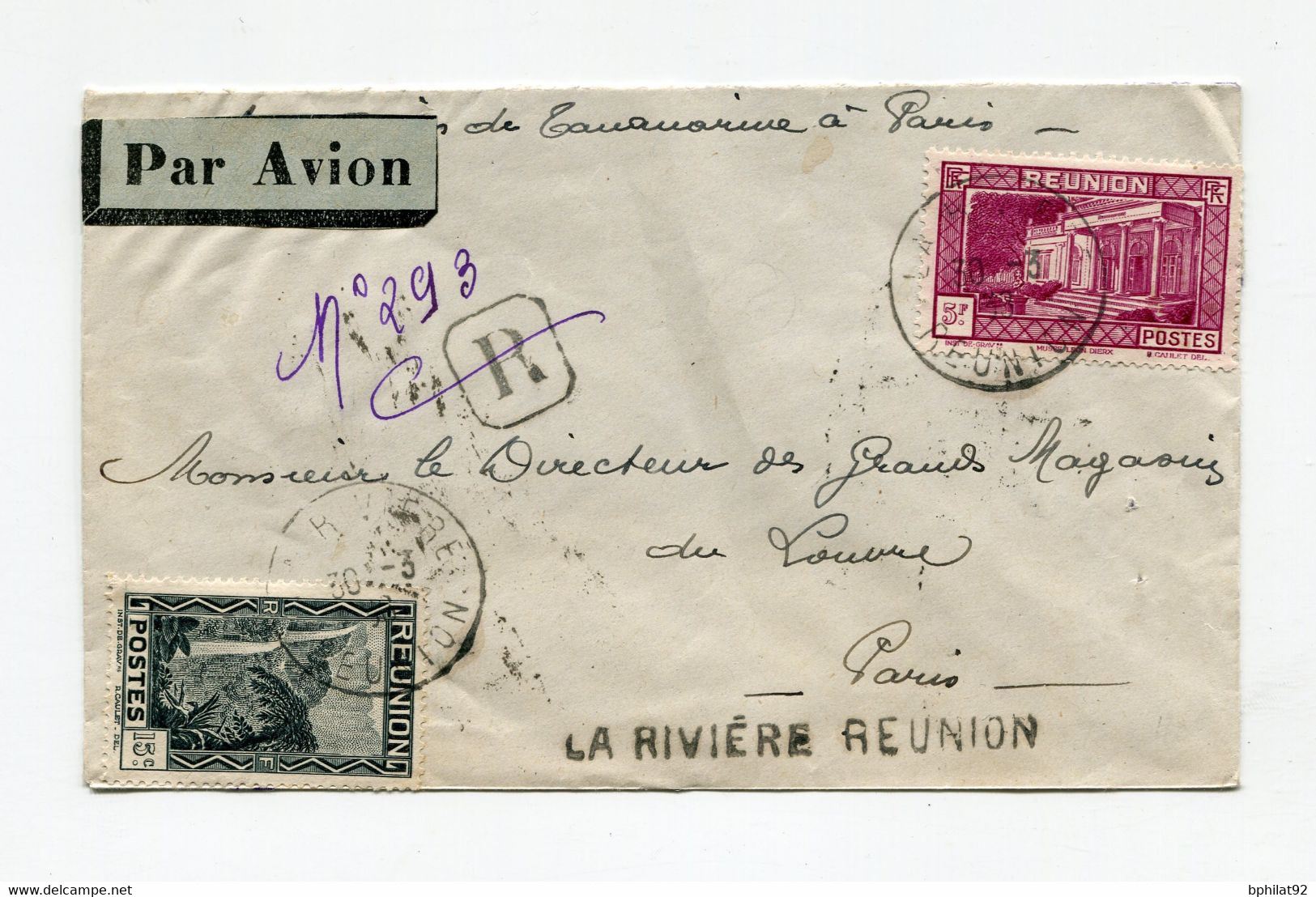 !!! REUNION, LETTRE RECOMMANDEE PAR AVION DE LA RIVIERE POUR PARIS DU 30/3/1938 - Lettres & Documents