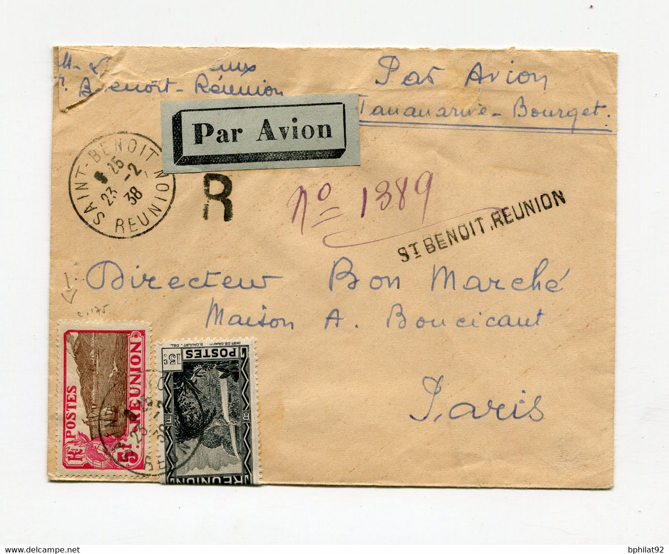 !!! REUNION, LETTRE RECOMMANDEE PAR AVION DE ST BENOIT POUR PARIS DU 23/2/1938 - Lettres & Documents