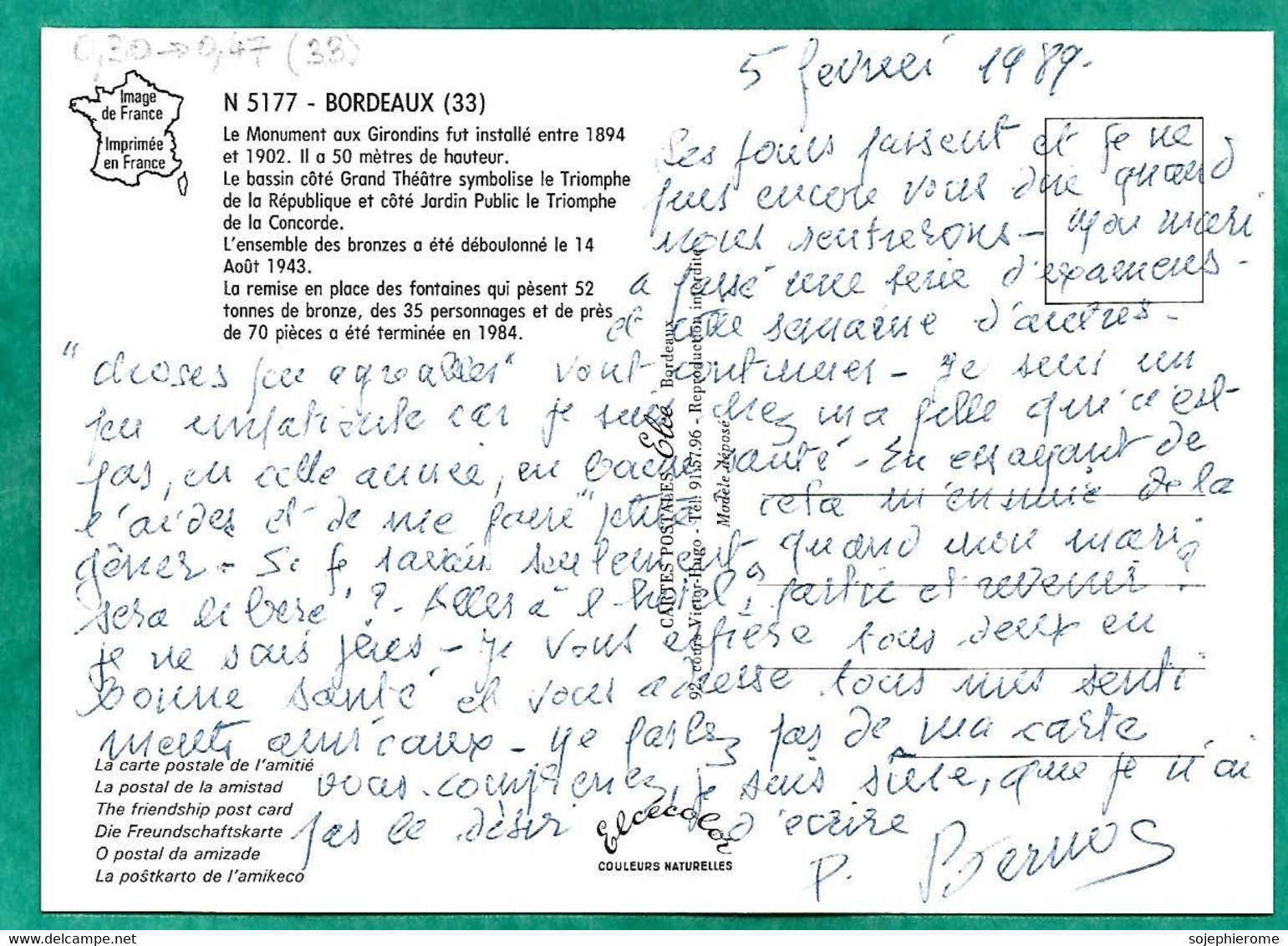 Bordeaux (33) Le Monument Aux Girondins 2scans 05-02-1989 - Bordeaux