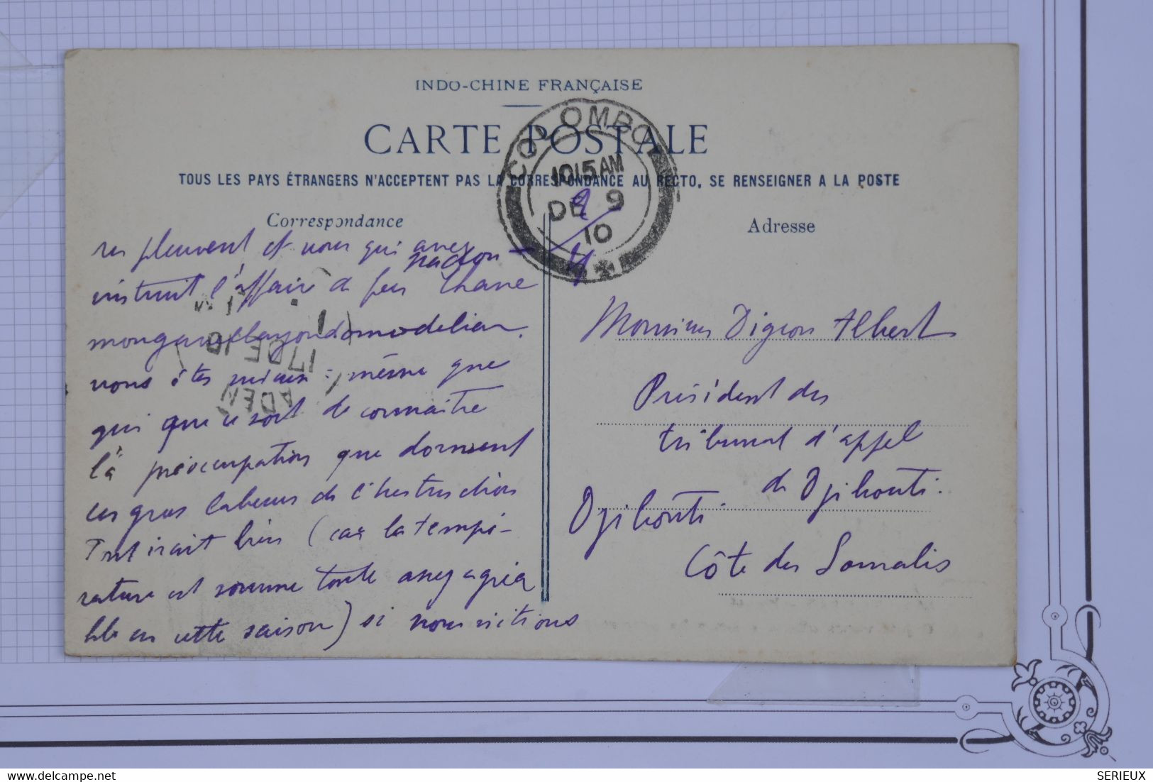 U11 INDOCHINE   BELLE  CARTE  1910 COLOMBO HANOI TONKIN   POUR DJIBOUTI    +++ AFFRANCH. PLAISANT - Brieven En Documenten