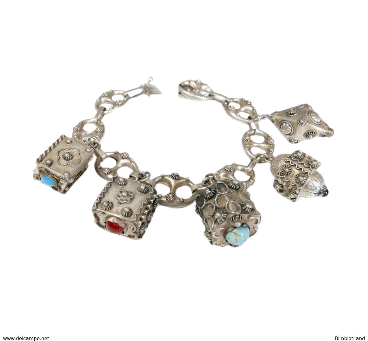 Ancien Bracelet Etrusque A Breloques Pierre Charm Argent Massif Poinçonné 800 - Pulseras