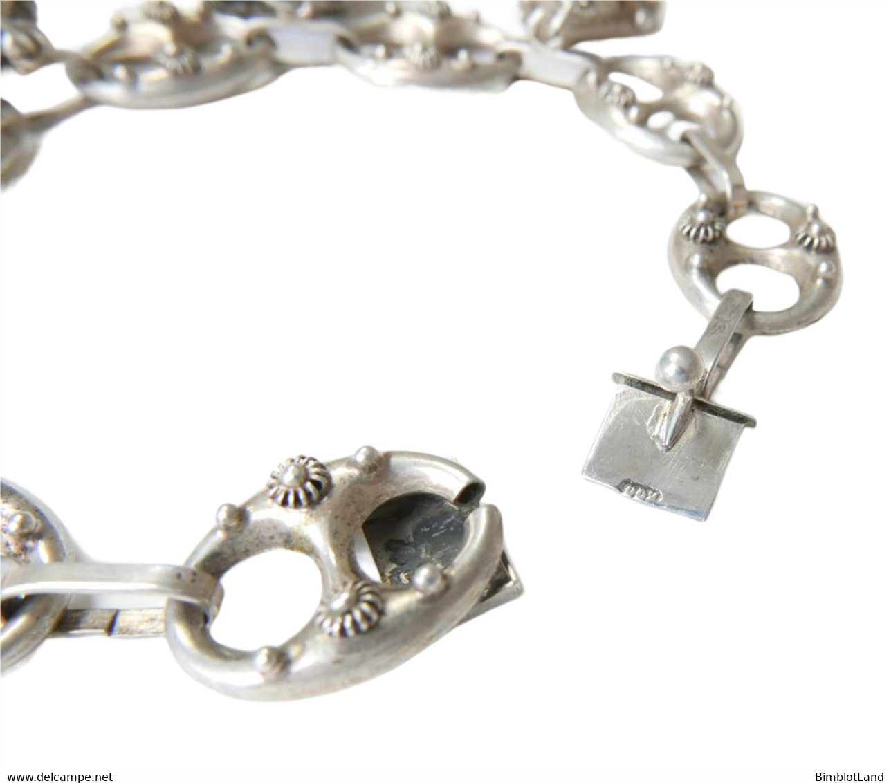 Ancien Bracelet Etrusque A Breloques Pierre Charm Argent Massif Poinçonné 800 - Pulseras