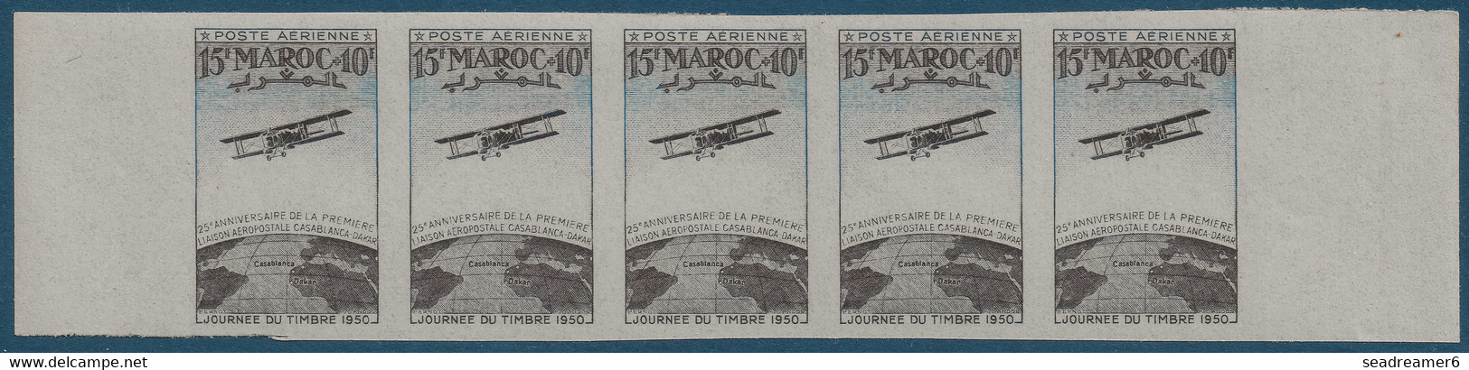 Colonies Maroc Postes Aerienne N°74** Journée Du Timbre Essai Non Dentelé Bande De 5 Variété Sans Tracé Rouge ! RR - Unused Stamps