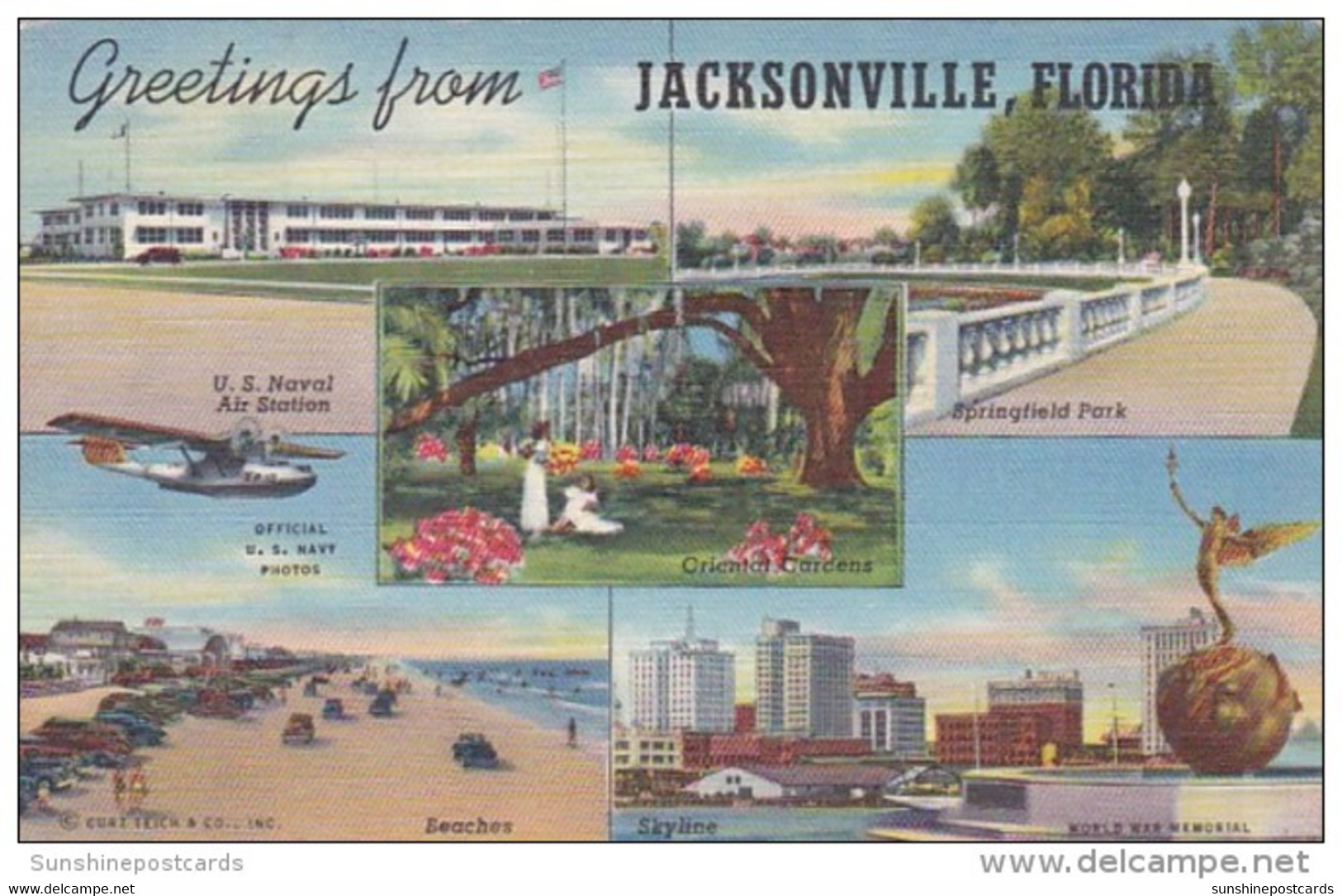 Florida Jacksonville Greetings From Showing Naval Air Station The Beaches Springfield Park 1943 Curteich - Jacksonville