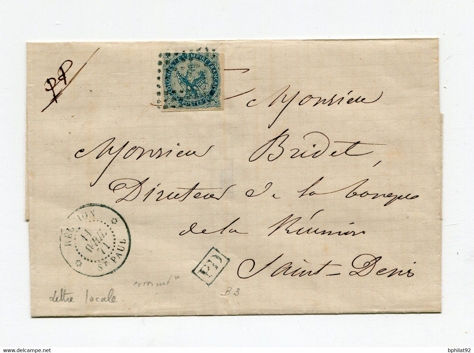 !!! REUNION, LETTRE DE ST PAUL POUR ST DENIS DE 1871. TARIF LOCAL - Aigle Impérial