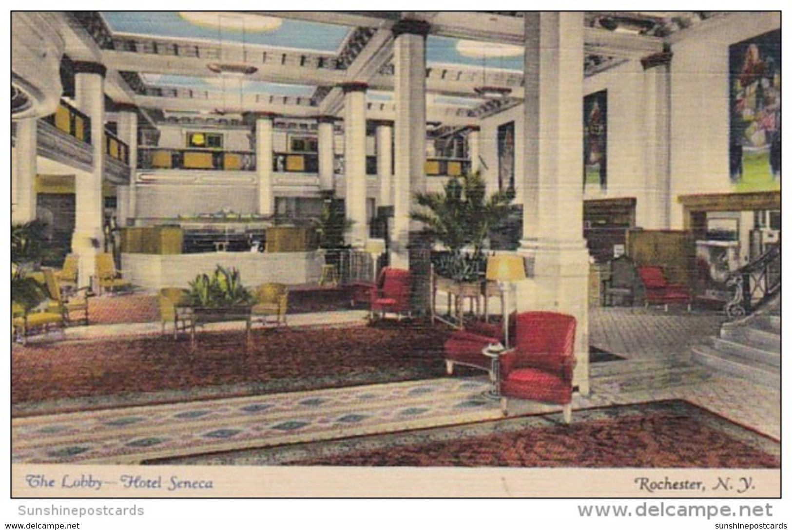 New York Rochester Hotel Seneca The Lobby 1950 Curteich - Rochester