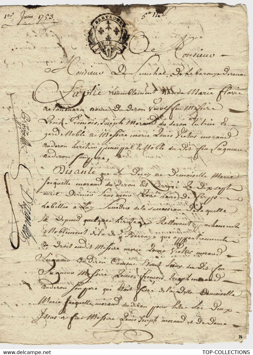 BRETAGNE 1753 Succession De Louis-François-Joseph MORAUD Du Deron Au Profit De Ses Filles Cachet Généralité - Matasellos Generales