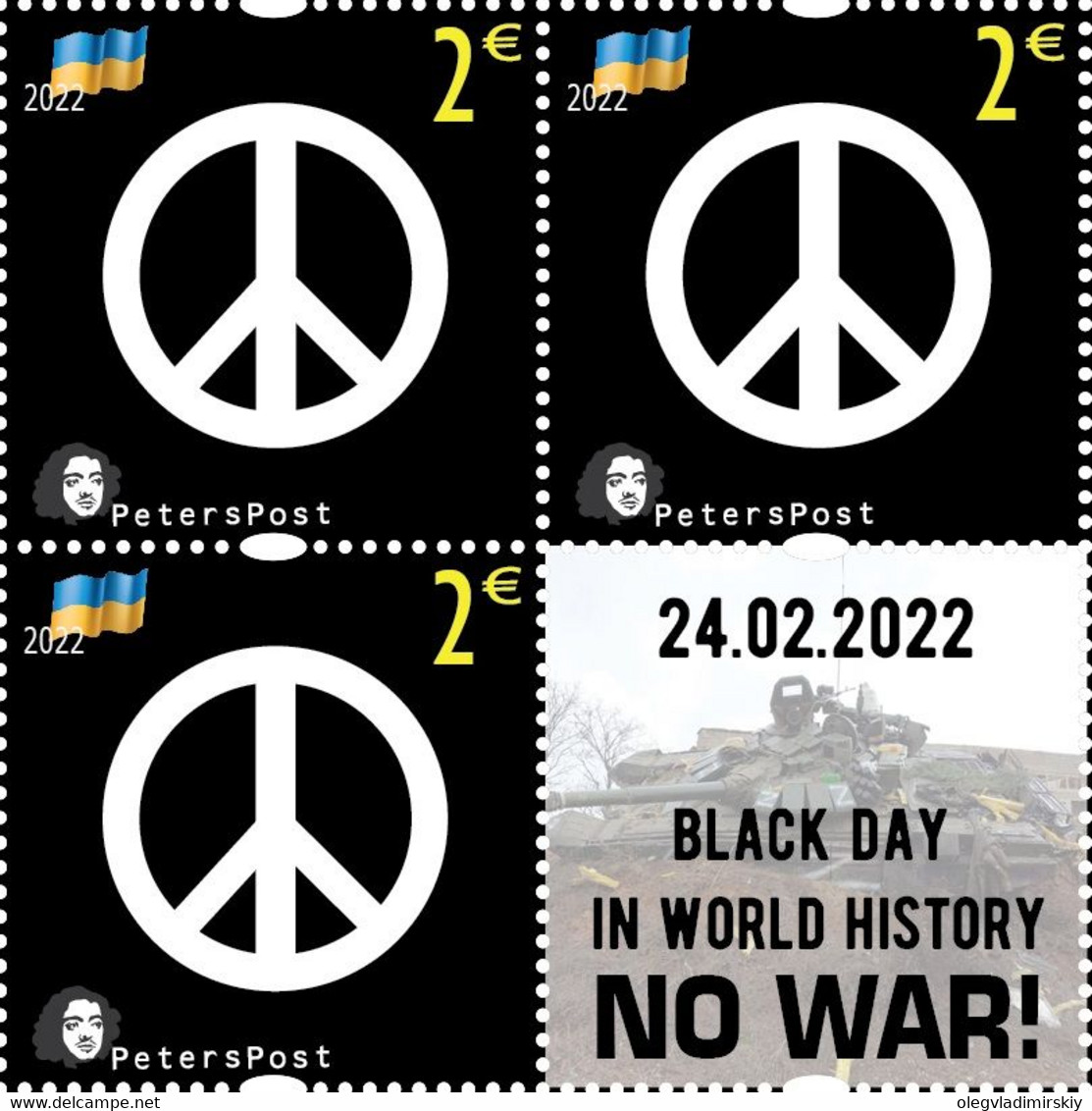 Finland 2022 No War! 24.02.22 The Black Day In History Help To Ukraine Peterspost Block Of 3 Stamps With Label Mint - Ungebraucht