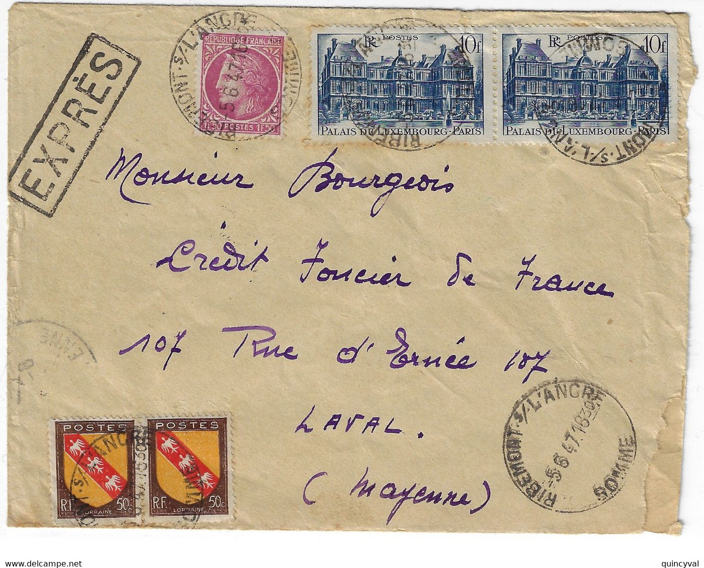 RIBEMONT S/ L'ANCRE Somme Lettre EXPRES Luxembourg Mazelin Blason Lorraine Yv 757 679 760 Ob 5 6 1947 Tf  1 3 1947 - Covers & Documents