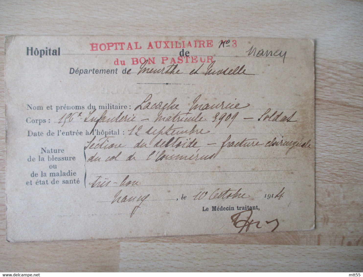 1914 Hopital Auxiliaire 3 Bon Pasteur Nancy Situation Description Blessure Poilu Franchise Postale - Guerra De 1914-18