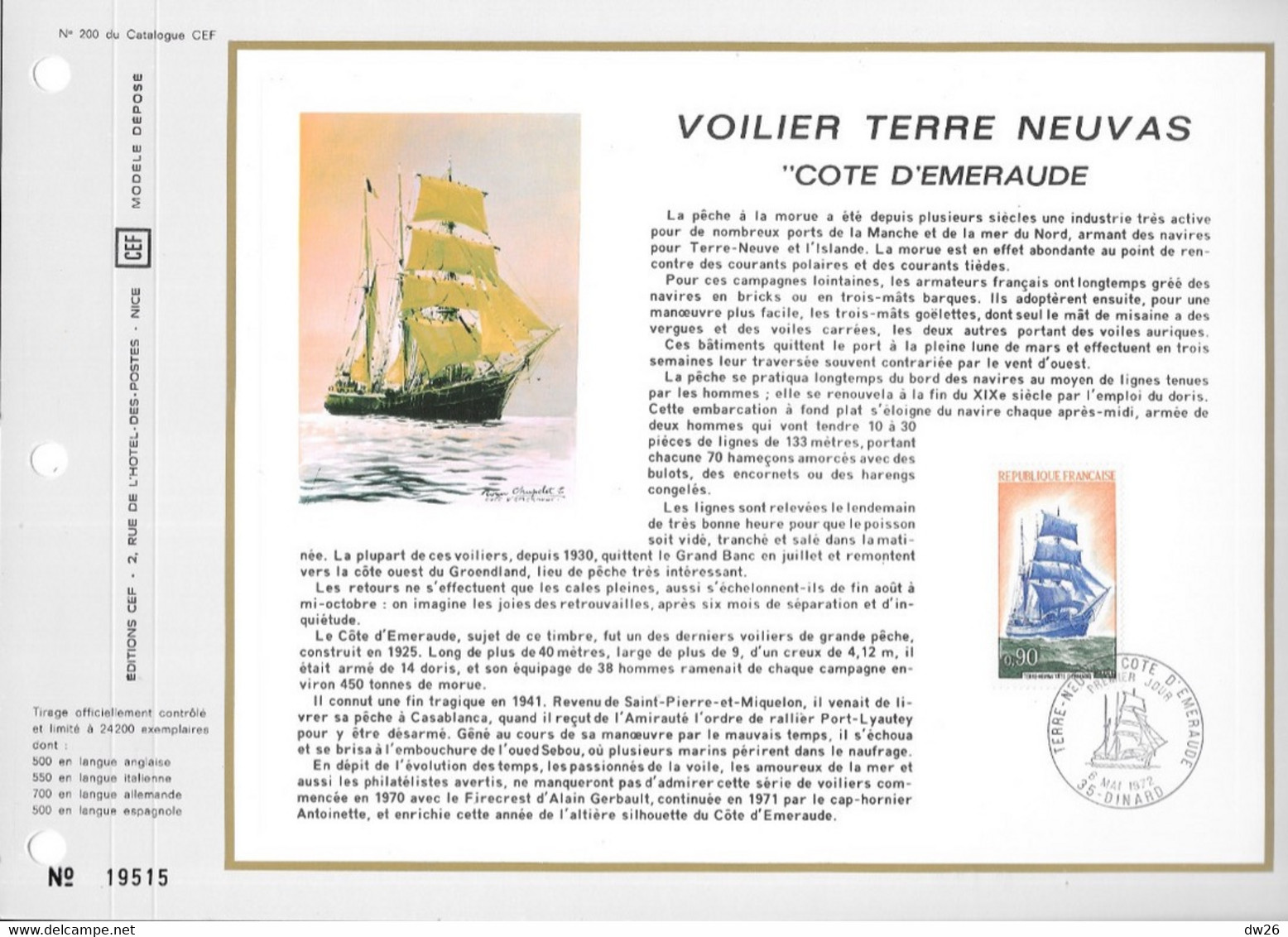 Catalogue CEF - Feuillet Premier Jour 6 Mai 1972 - N° 200: Voilier Terre Neuvas, Côte D'Emeraude - Andere & Zonder Classificatie