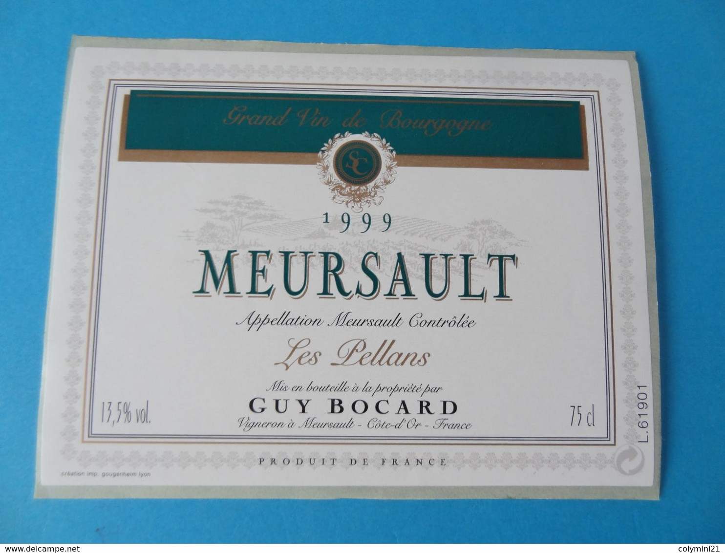 Etiquette De Vin Meursault Les Pellans 1999 Guy Bocard - Bourgogne