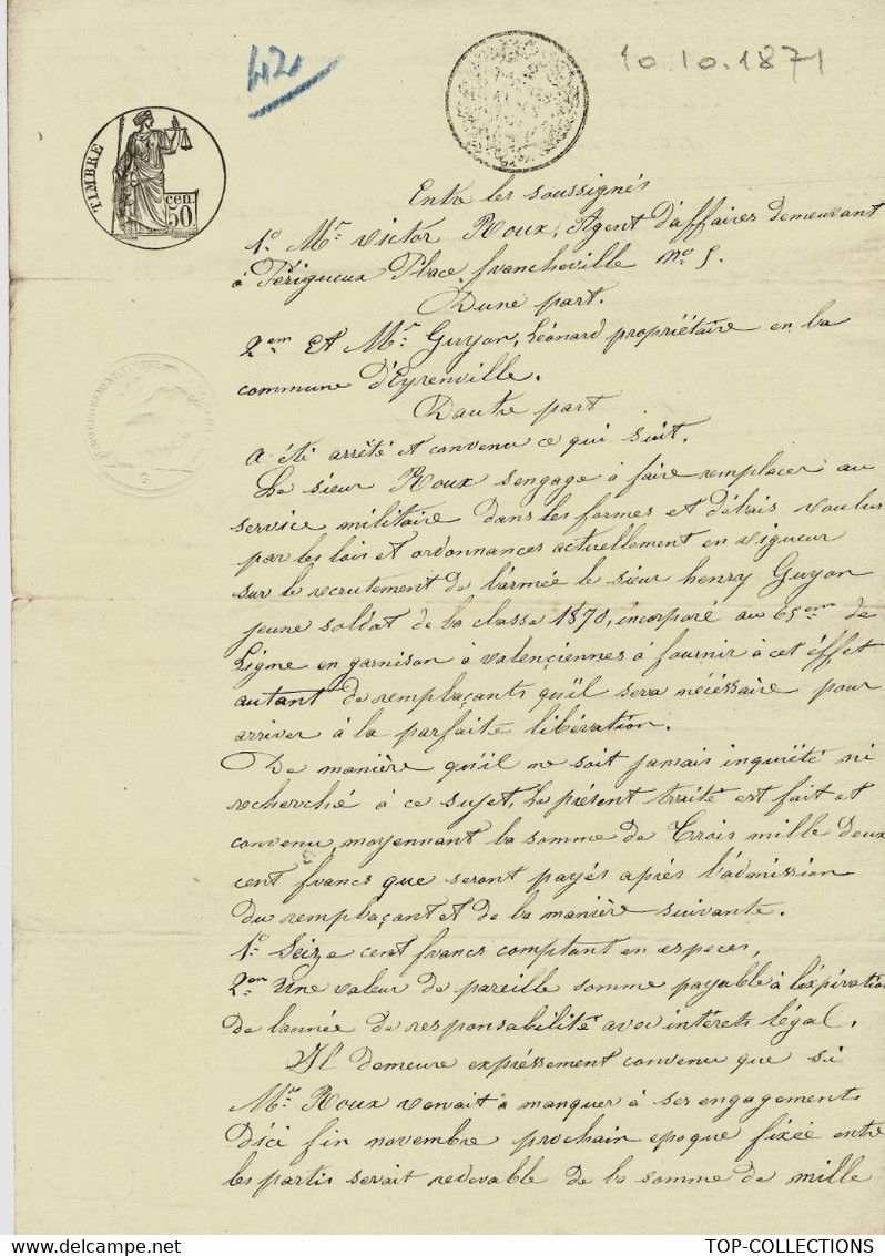 1871  ISSIGEAC Dordogne ENGAGEMENT  DE REMPLACEMENT Pour LE SERVICE MILITAIRE HENRY GUYON REMPLACE PAR  ROUX CLASSE 187 - Manuscripts