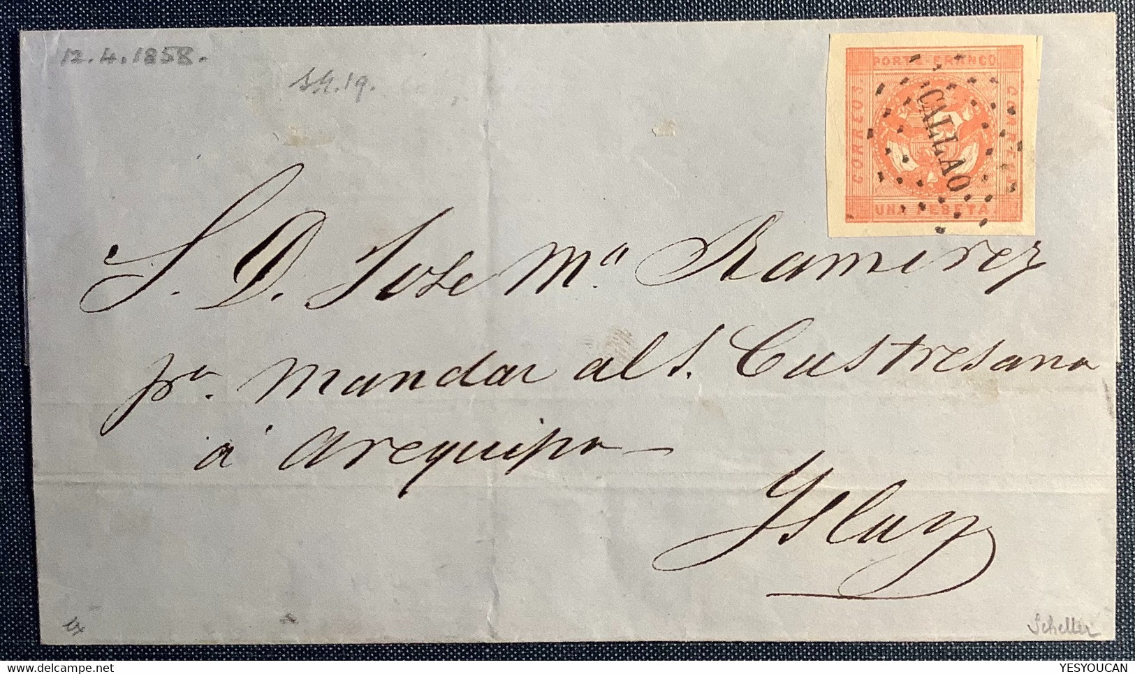 RARE EARLY DATE 12.4.1858 ! Of Scott #4  1p Red SUPERB Cover CALLAO>Islay. Expert.Scheller & Todd. (Peru Perou Lettre - Perú