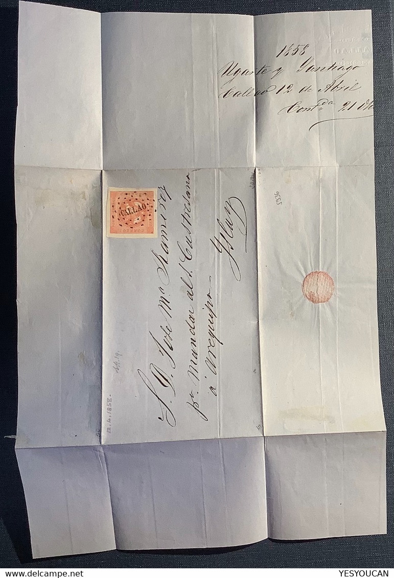 RARE EARLY DATE 12.4.1858 ! Of Scott #4  1p Red SUPERB Cover CALLAO>Islay. Expert.Scheller & Todd. (Peru Perou Lettre - Peru