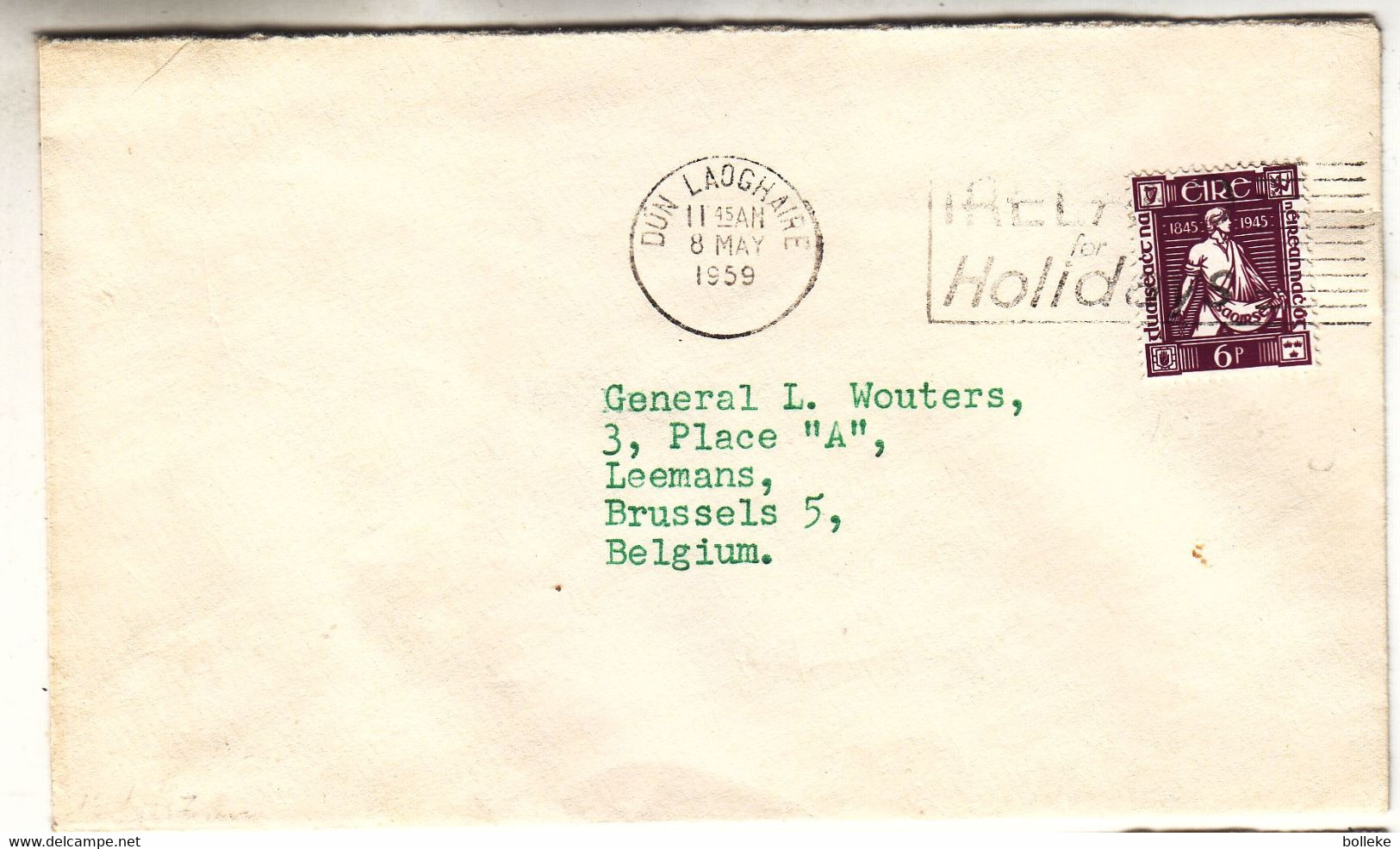Irlande - Lettre De 1959 - Oblit Dün Laoghaire - Exp Vers Bruxelles - Semeur - - Cartas & Documentos