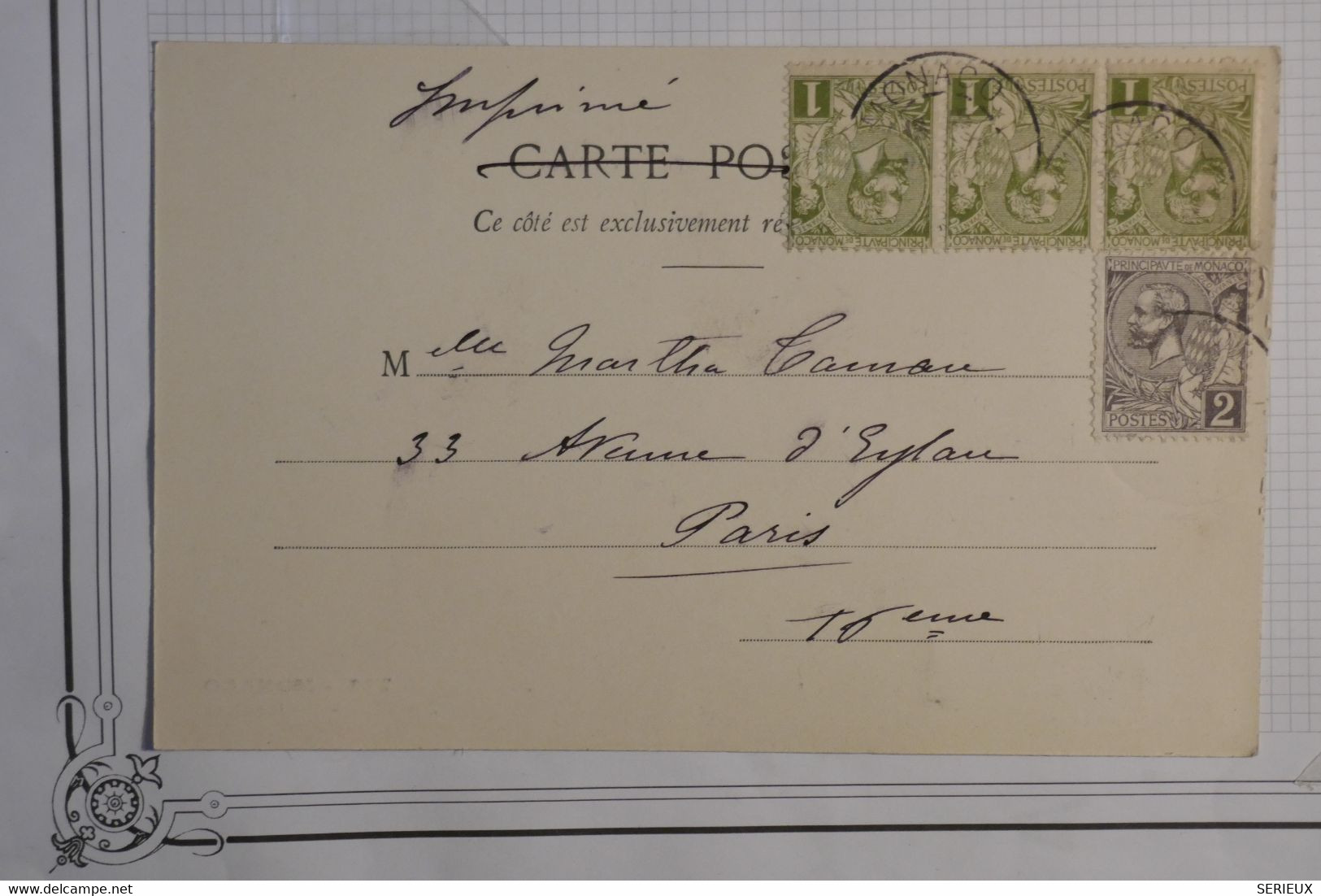 U19 MONACO BELLE CARTE 1904 MONTE CARLO  POUR PARIS +VUE PALAIS +BANDE D 3 TP    + AFFRANCHISSEMENT PLAISANT - Briefe U. Dokumente