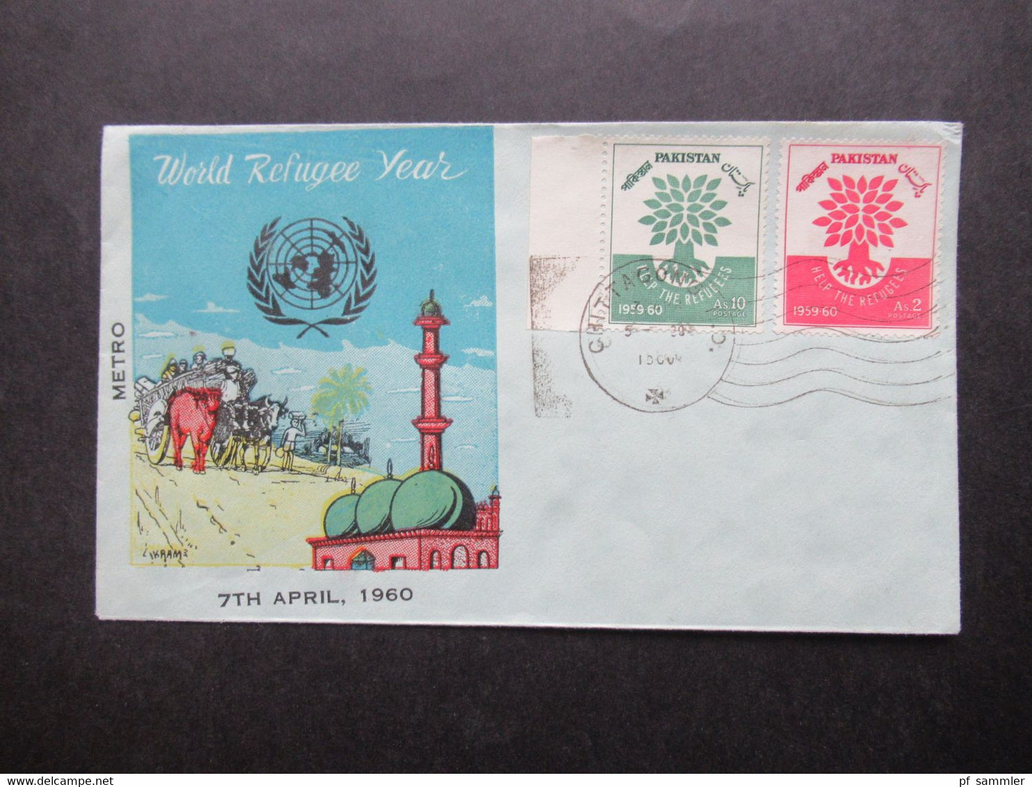 Pakistan 1960 World Refugee Year FDC / Cover Marke Mit Bogenrand Links Stempel Chittagong - Pakistán