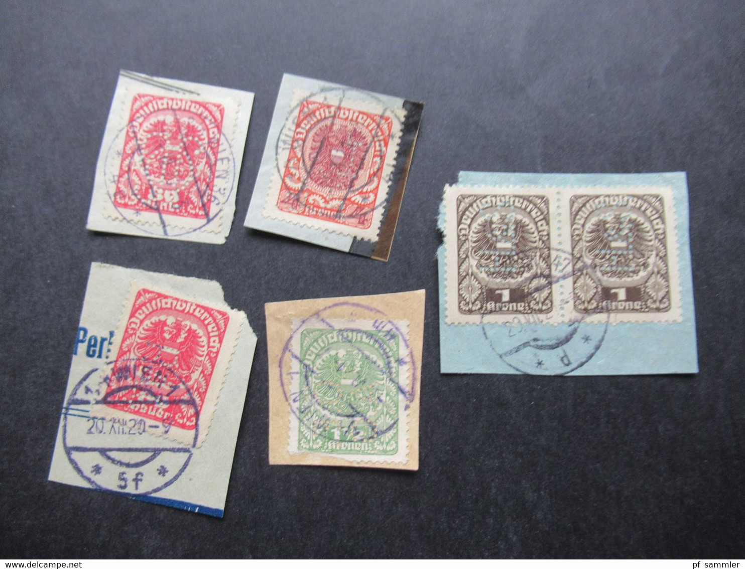 Österreich 1920 / 21 Wappen 5 Briefstücke Alle Mit Perfin / Firmenlochung! Gestempelt Wien - Used Stamps