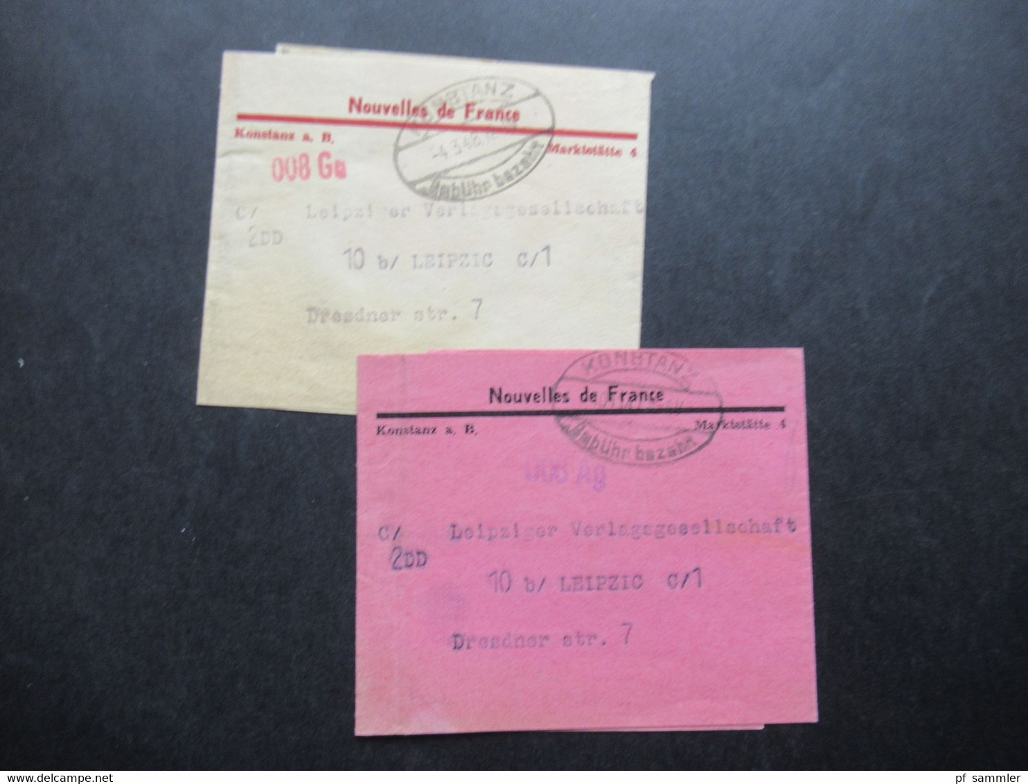 All. Besetzung Französische Zone 2x Streifband Nouvelles De France Ovalstempel Konstanz Gebühr Bezahlt März 1948 - Autres & Non Classés