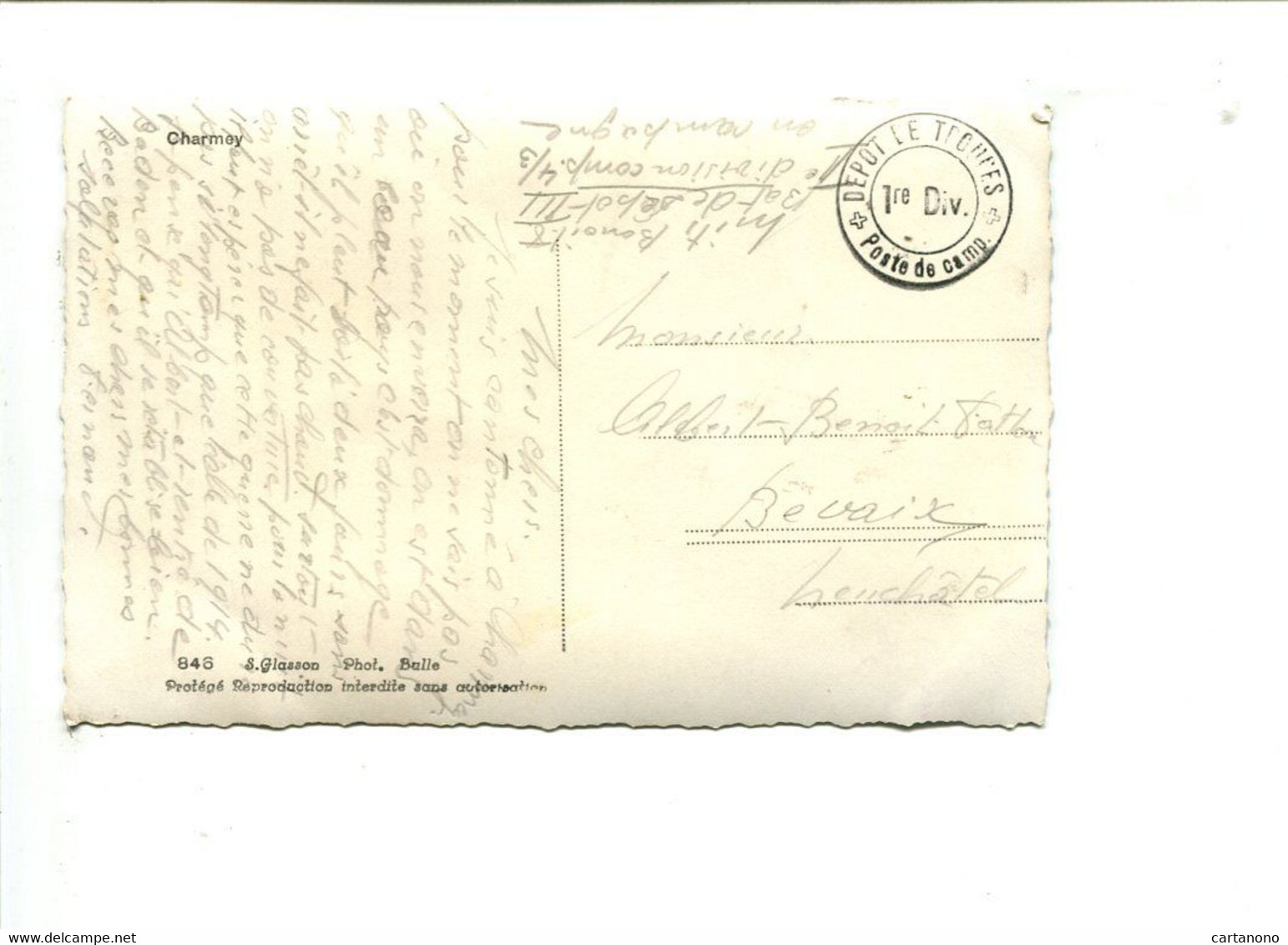 SUISSE - Cp En Franchise Militaire "Dépôt De Troupes 1er Div" - Charmey - Postmark Collection