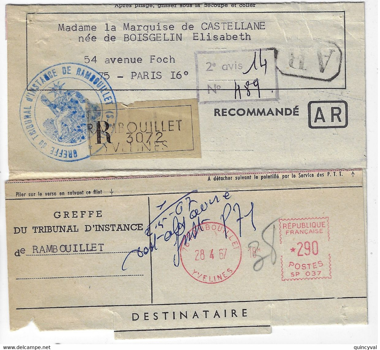 RAMBOUILLET Yvelines Carte Lettre Recommandée A R Greffe Tribunal EMA SP 037 2,90 F Ob 1967 - 1961-....