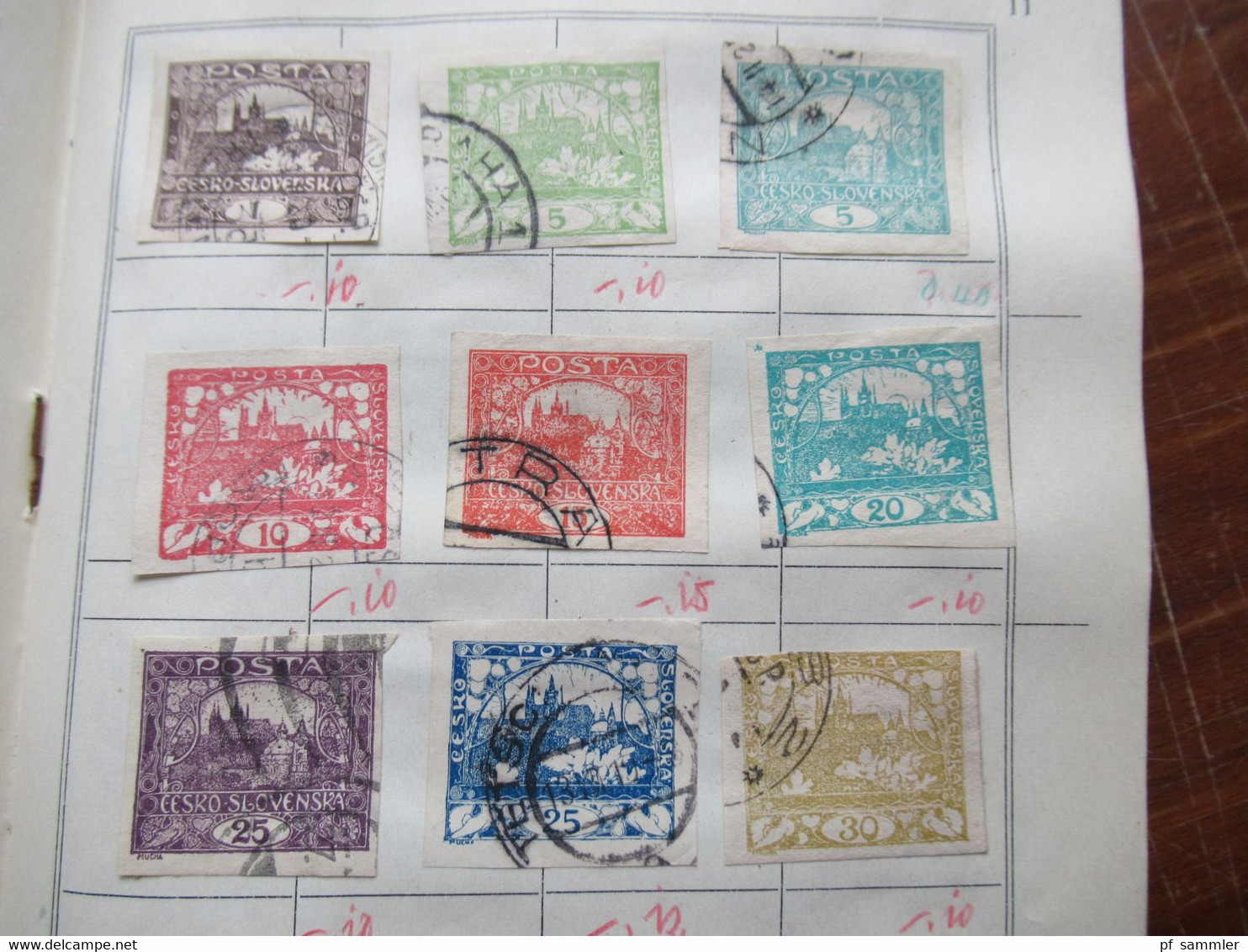 Briefmarken altes Tauschheft / Tauschsendung mit einigen gestempelten Marken / 1x Frankreich Sage mit Perfin