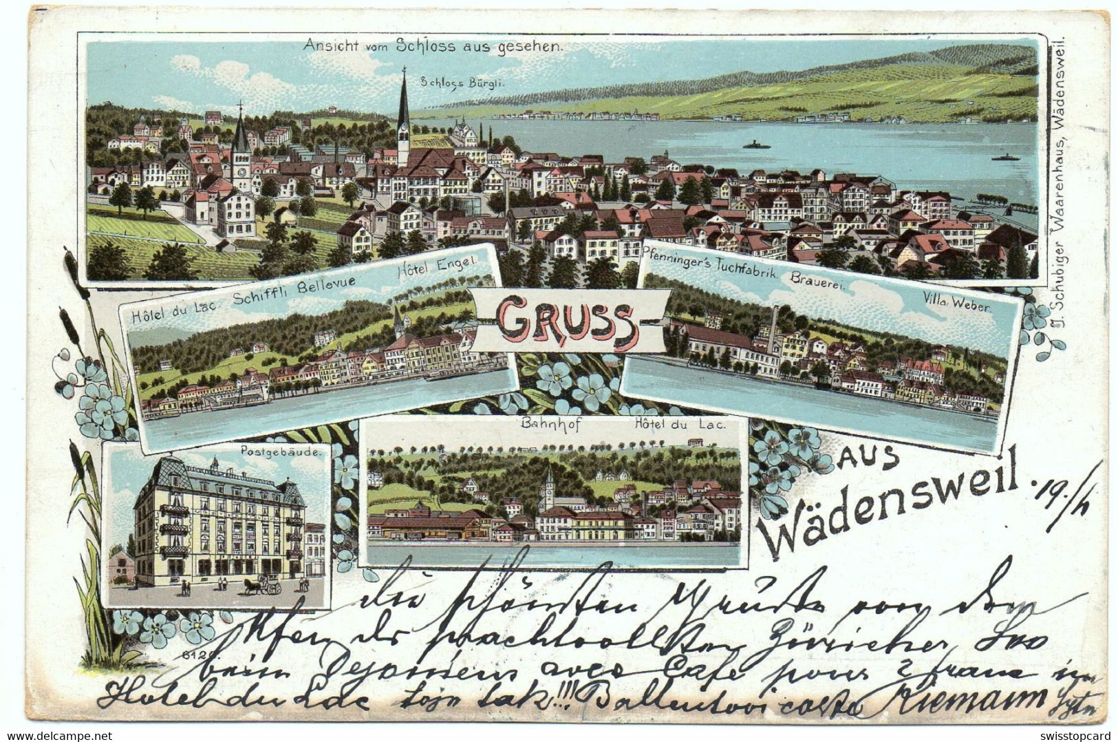 LITHO Gruss Aus WÄDENSWIL Bürgli Hôtel Du Lac Schiffli Bellevue Hôtel Engel Pfenninger Tuchfabrik Brauerei Post Bahnhof - Enge