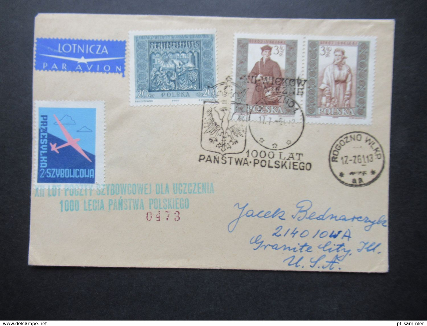 Polen 1961 Sonderbeleg Flugpost / Flugpostmarke Lot Poczty Szybowcowej Dla Uczczenia 1000 Lecia Panstwa Polskiego - Storia Postale