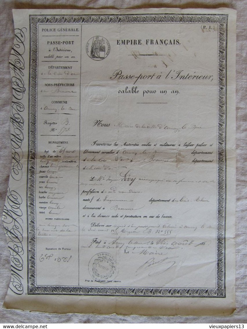 21 - Côte D'Or - Arnay Le Duc - Passeport à L'intérieur De 1856 Empire Français - Jacques Levy Marchand - à Beaune - Documenti Storici