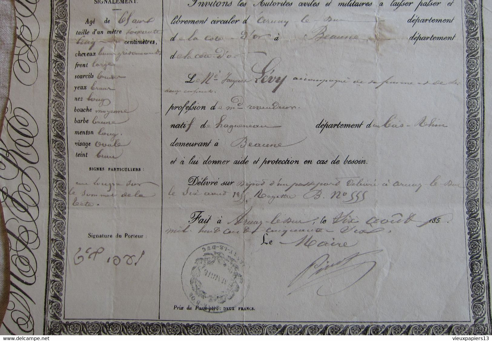 21 - Côte D'Or - Arnay Le Duc - Passeport à L'intérieur De 1856 Empire Français - Jacques Levy Marchand - à Beaune - Documenti Storici