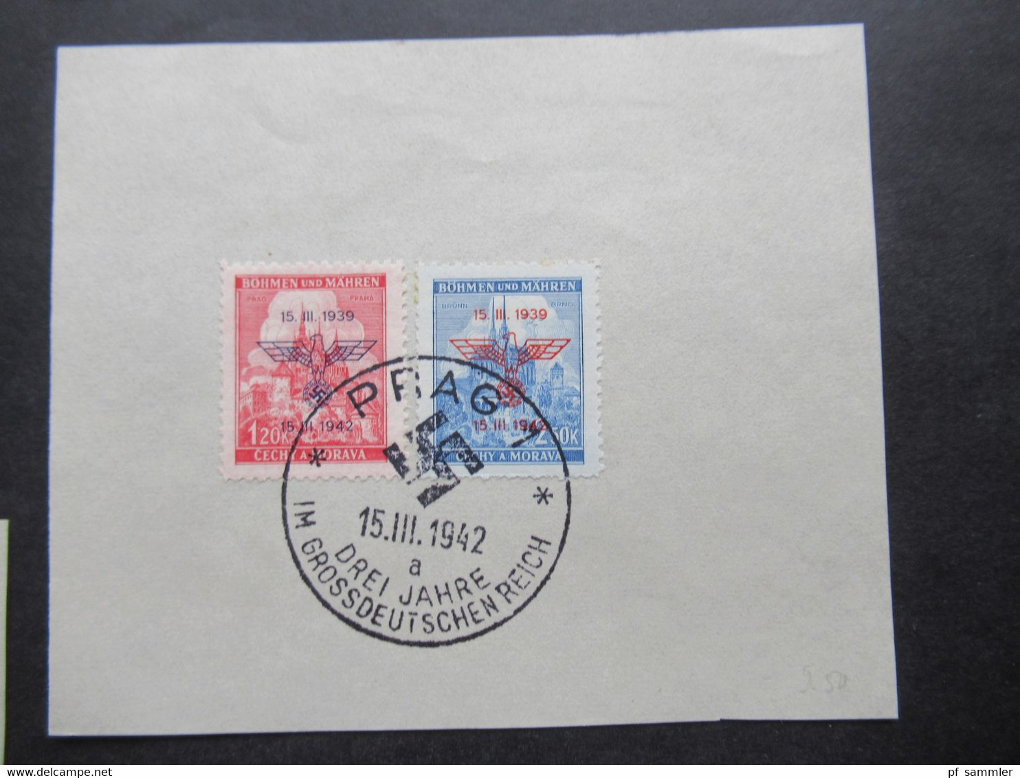 Böhmen Und Mähren 15.3.1942  Nr.83 / 84 Briefstücke Mit 5 Verschiedenen SSt. Drei Jahre Im Grossdeutschen Reich - Used Stamps