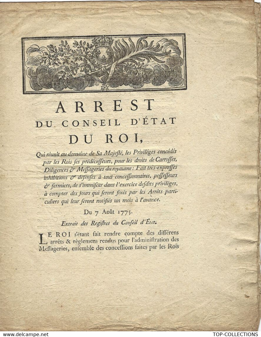 1775  ANCIEN REGIME "TURGOT" ADMINISTRATION MESSAGERIES DILIGENCES CARROSSES POSTES à CHEVAUX "LES TURGOTINES" - Historical Documents