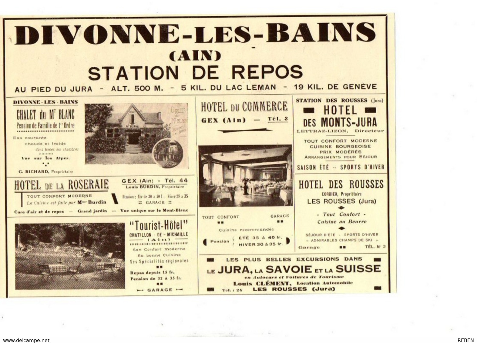 (01) Ain Publicité Papier Coupure De Presse Année 1935 Hôtel Divonnes Les Bains Gex Lettraz Lizon Chatillon De Michaille - Pubblicitari