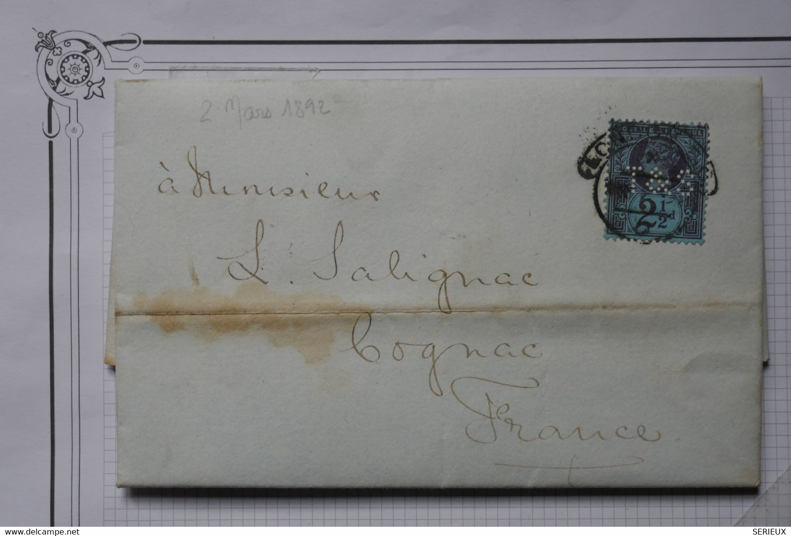 V12 ENGLAND GREAT COVER + PERFIN T S 1892  LONDON   TO COGNAC FRANCE ++2 1\2 PENCE + AFFRANCH. PLAISANT - Covers & Documents