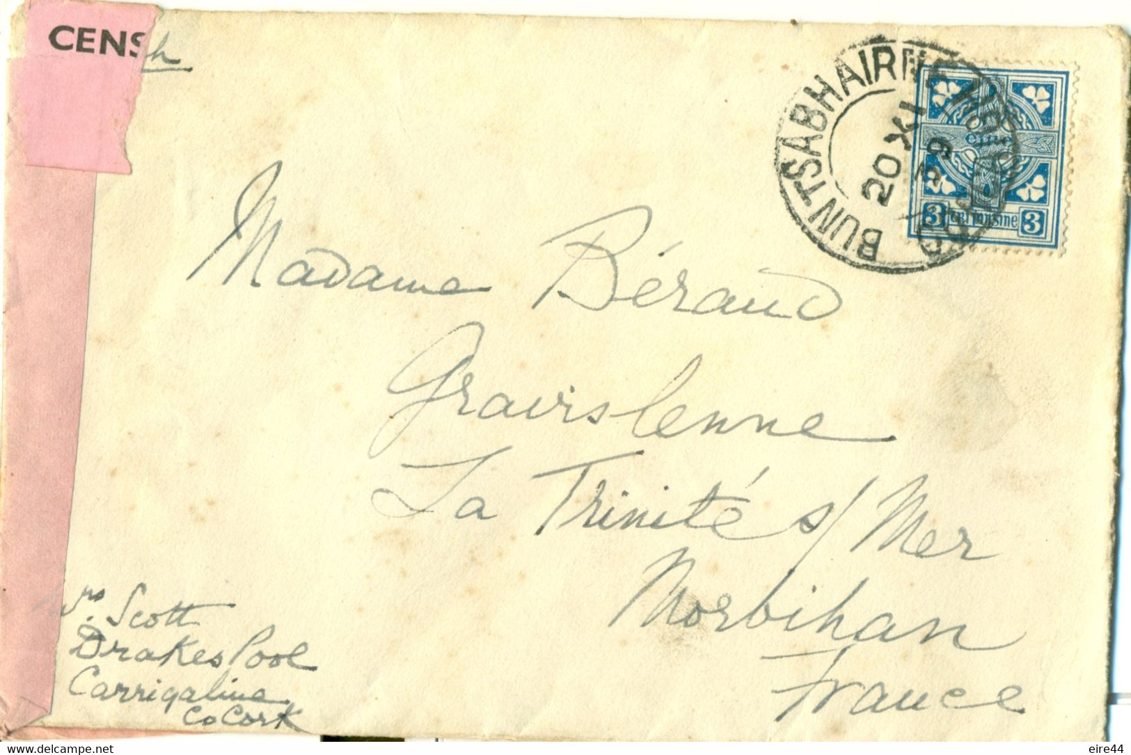 Ireland 1939 Irish Censor Cover SP1 Crosshaven Bun An Tabhairne Sign Letter Gertrude Scott English Actress - Storia Postale