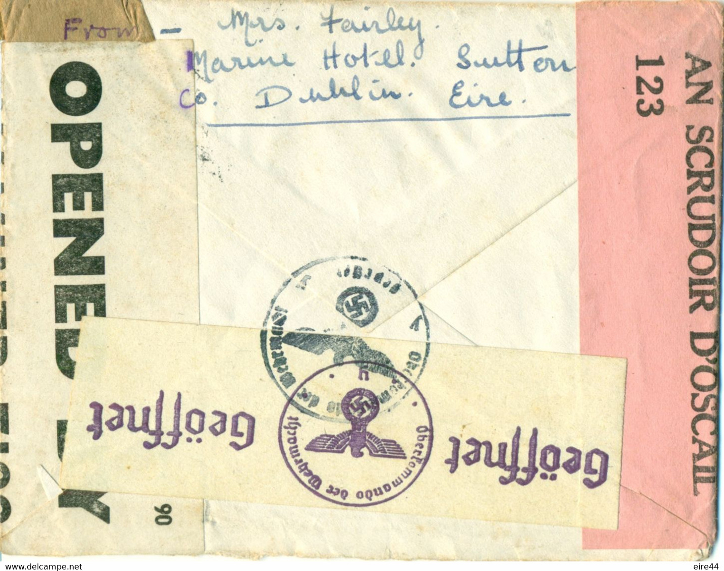 Ireland 1943 Cover Triple Censor Irish German English Sutton Dublin Vincelles Yonne France - Cartas & Documentos