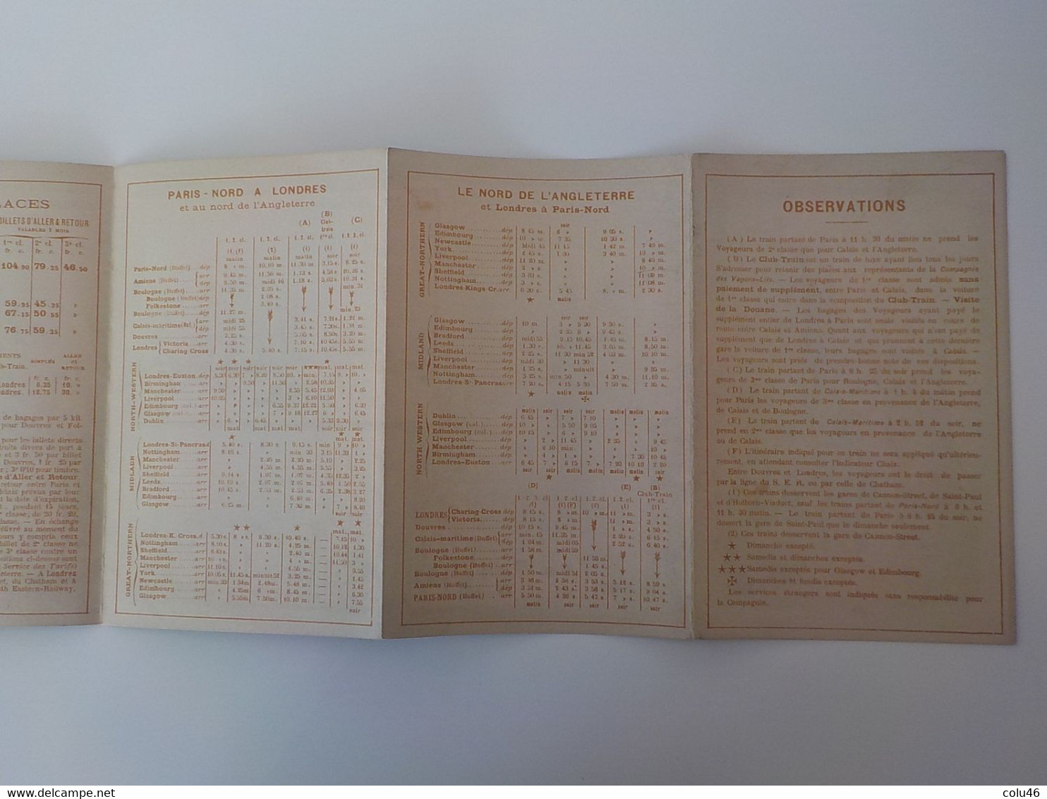 1900 dépliant brochure Chemin de Fer du Nord Londres Via Calais Boulogne horaires & prix des Places