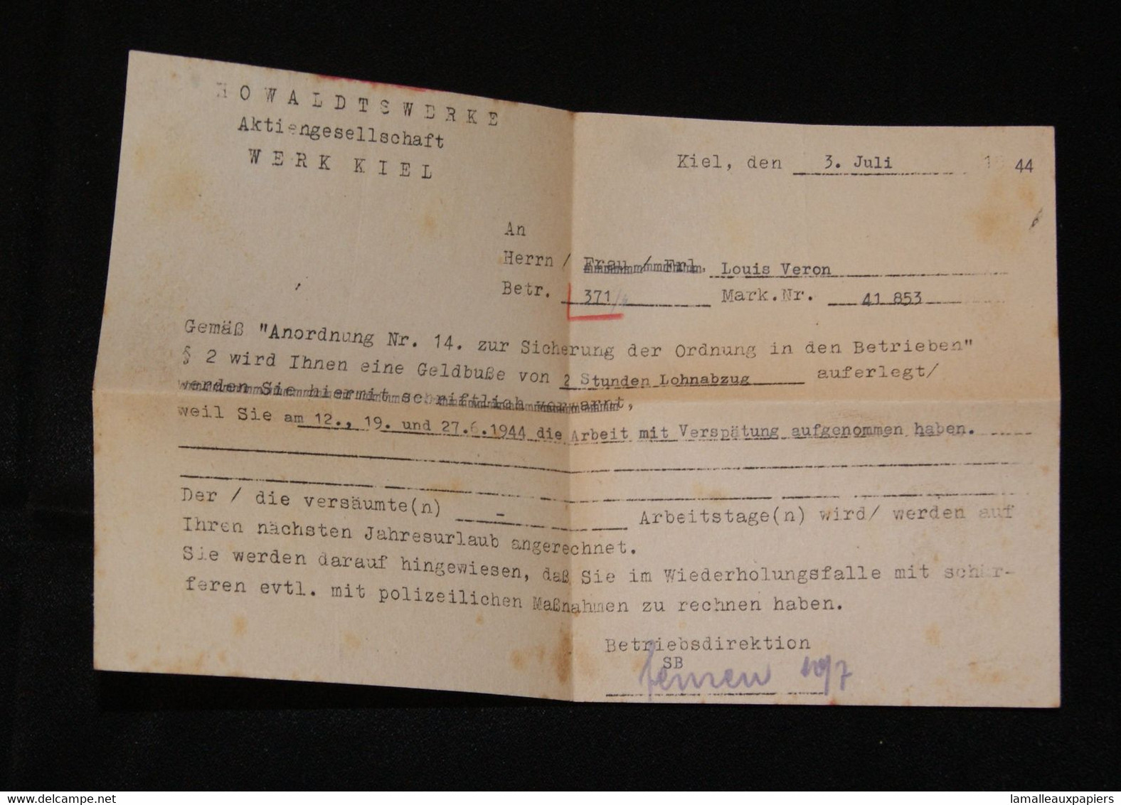 Document Allemand : Amende à Travailleur Français (Kiel Juillet 1944) S.T.O - 1939-45