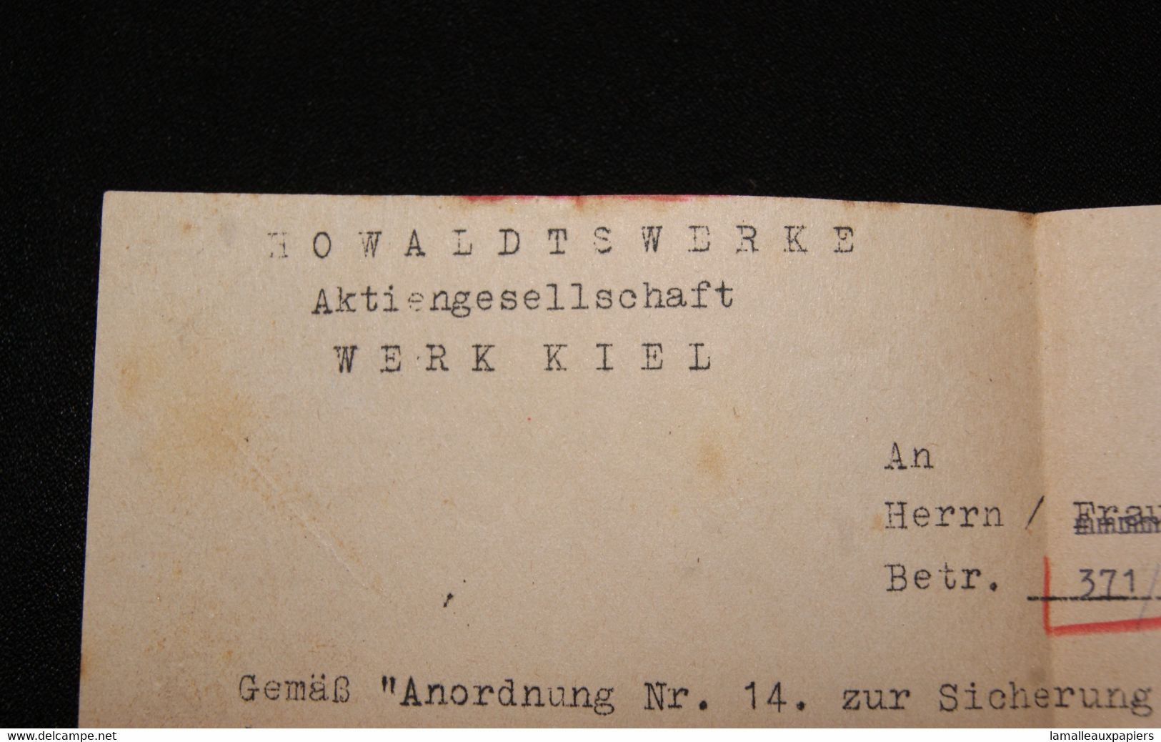 Document Allemand : Amende à Travailleur Français (Kiel Juillet 1944) S.T.O - 1939-45