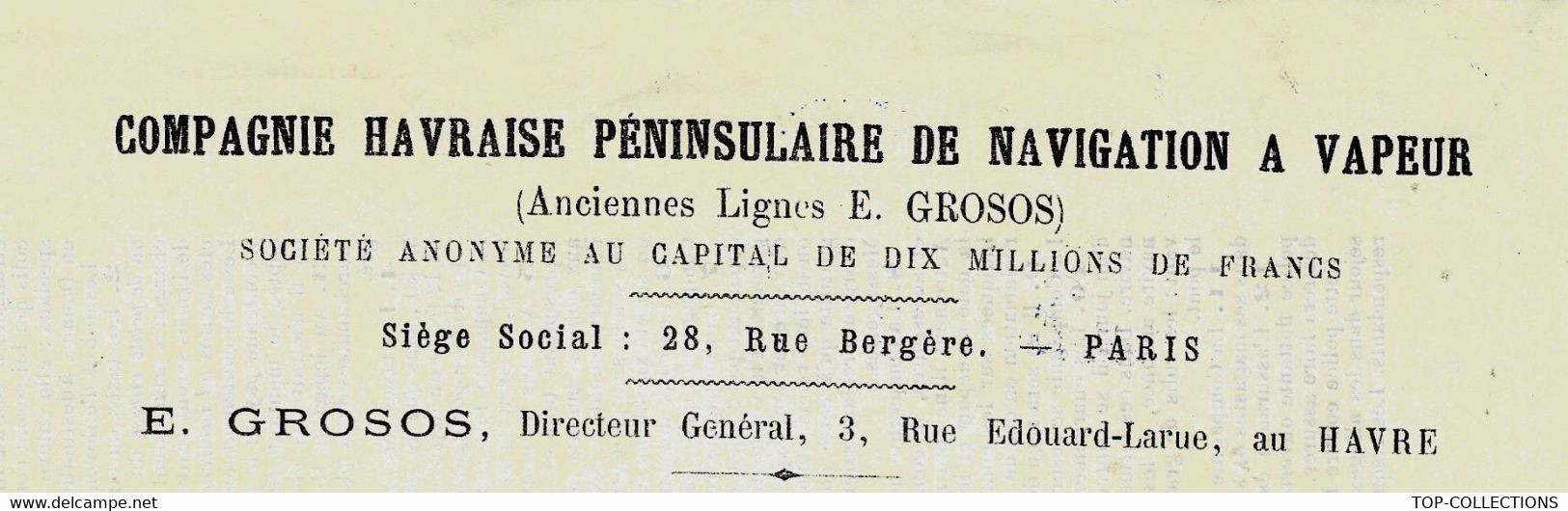 1883 RECEPISSE CONNAISSEMENT  CIE HAVRAISE PENINSULAIRE DE NAVIGATION A VAPEUR E.GROSOS Pour Lisbonne Portugal - Portugal