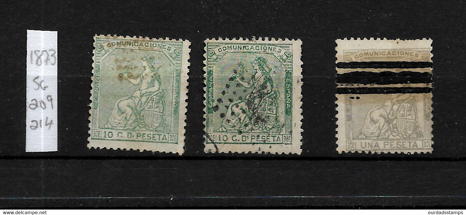 Spain, 1873 Allegorical Figure, 10c & 1p Used SG209 & 214 (S197) - Used Stamps