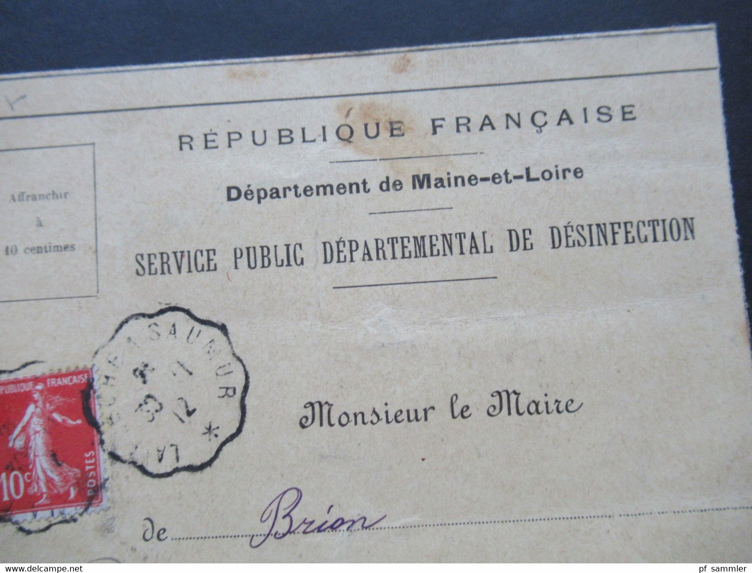 Frankreich 1912 Säerin Departement De Maine Et Loire Service Public Departemental De Desinfection An Den Maire De Brion - Covers & Documents