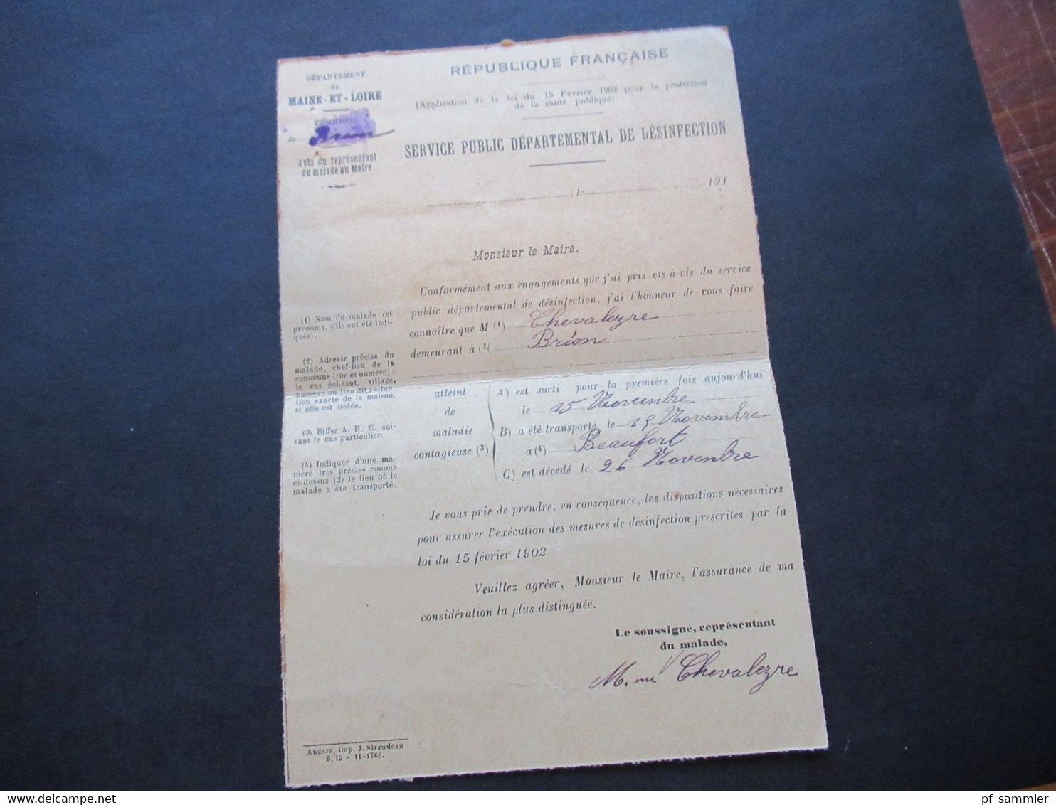 Frankreich 1912 Säerin Departement De Maine Et Loire Service Public Departemental De Desinfection An Den Maire De Brion - Lettres & Documents