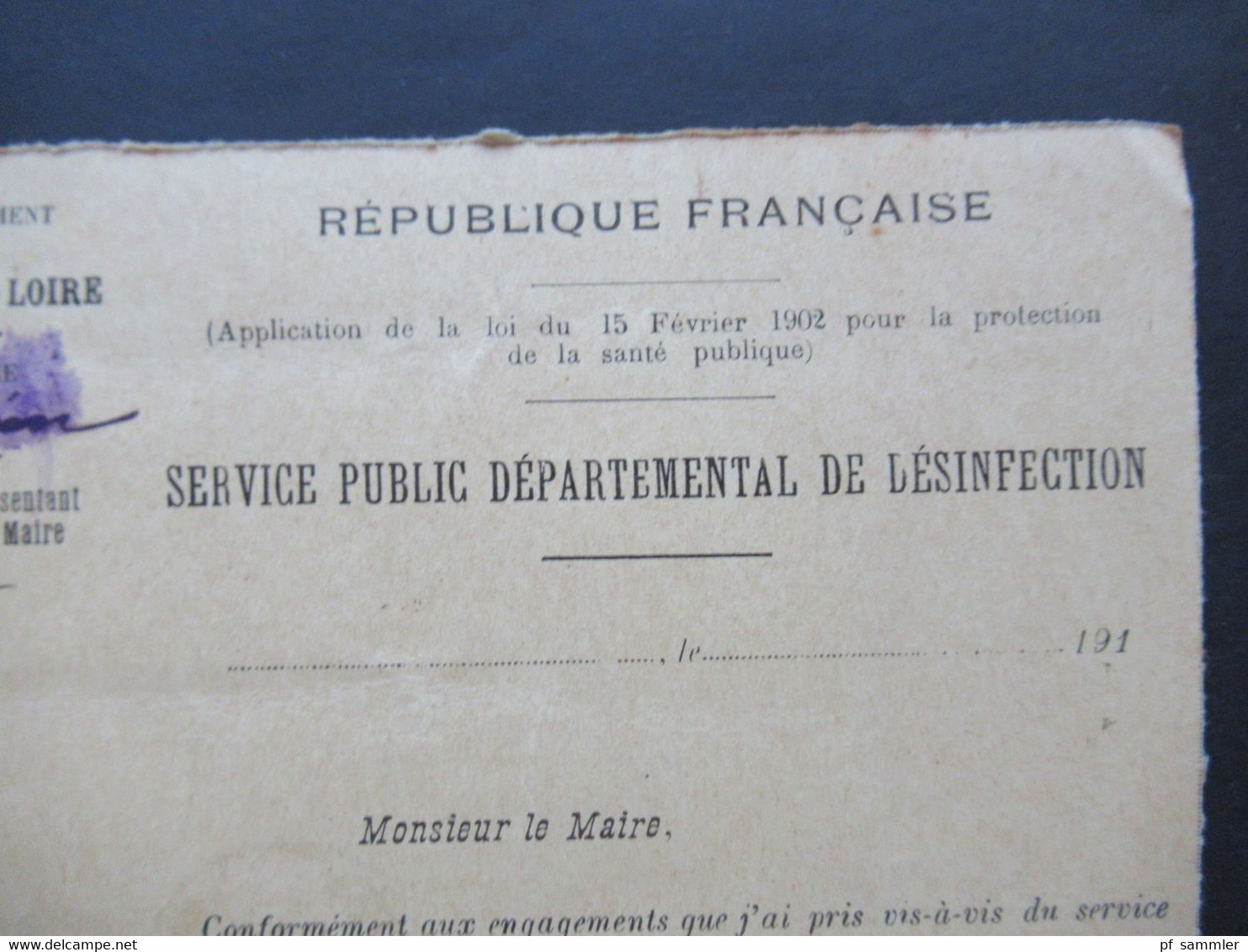 Frankreich 1912 Säerin Departement de Maine et Loire Service Public departemental de Desinfection an den Maire de Brion